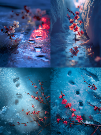 冰下梅花绽放，雪地有脚印，旁置暖手宝，对称构图，蓝红对比，微距镜头，逆光，宁静氛围。