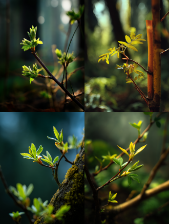 老树抽新枝，三分构图，森林中，微距镜头，逆光，8k高清，嫩绿新枝，暖黄树干，生机，寓意未来可期。