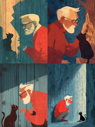 木头雕刻风格老人与黑猫互动，三分法构图，插画风，红毛衣蓝背景黑猫，戴眼镜白胡子，木纹背景，侧光，暖色调，温馨。