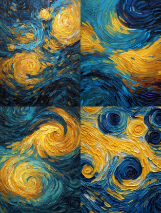 梵高风格油画，漩涡笔触，星空色调，厚涂质感，暖黄与深蓝交织，梦幻氛围，印象派，艺术感，热烈情感。
