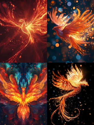 火凤凰展翅飞翔插画，中心构图，色彩鲜艳，细节细腻，暖色调，微距镜头，逆光，4k画质，灵动，震撼。