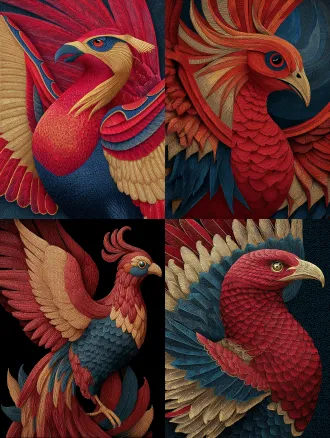 神鸟火凤凰展翅，对角线构图，插画风格，红色金色藏青色，高贵氛围，微距拍摄，4k画质，细节细腻，色彩鲜艳。