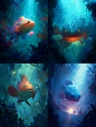 北冥大鱼鲲插画，中心构图，海洋环境，色彩鲜艳，微距特写，4k画质，细节细腻，冷光，神秘氛围。