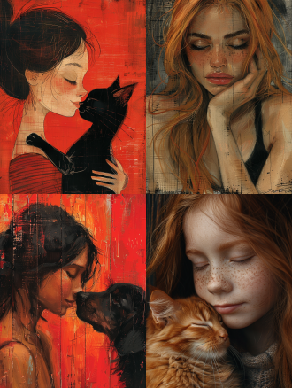 青春女孩与宠物，思考状，手绘风，木质纹理背景，红黑橙鲜明对比，三分法构图，特写镜头，暖光，深沉寓意，高清画质。