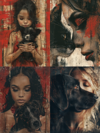 青春女孩与宠物，思考状，手绘风，木质纹理背景，红白黑对比鲜明，三分法构图，特写镜头，顶光，高清寓意深。