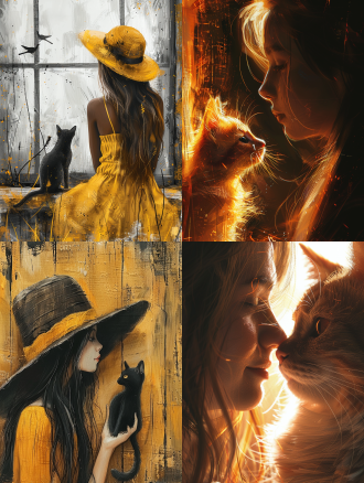 青春女孩与宠物思考，手绘风，木质纹理背景，白黄黑对比，对角线构图，特写镜头，暖光，高清，寓意深。