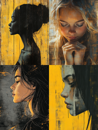 青春女孩与宠物，沉思状，手绘风格，木质纹理背景，白黄黑鲜明对比，三分法构图，特写镜头，侧逆光，高清深刻寓意。