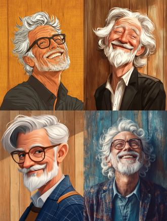 幸福老头，衣着时尚花白卷发，木质纹理背景，颜色鲜艳，手绘风，近镜头，4k高清，侧光，微笑，高级寓意。