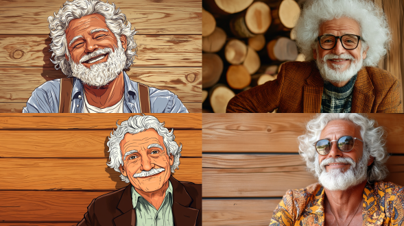 幸福老头，衣着时尚花白卷发，木质纹理背景，鲜艳色彩，手绘风，近镜头，4k高清，高级感，寓意美好。
