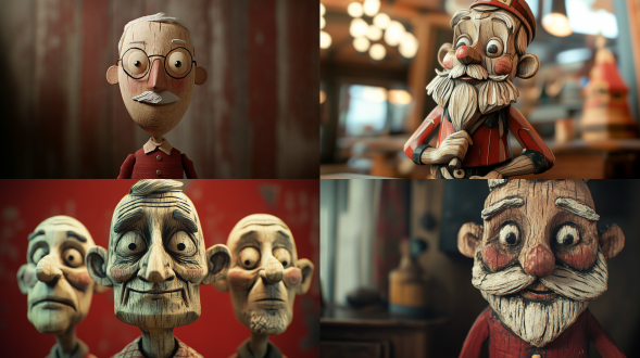 木头人卡通展现富足老年生活，三分法构图，室内场景，红黑白配色，古朴木纹手绘风，近焦，4k，暖光，惬意，高端质感。