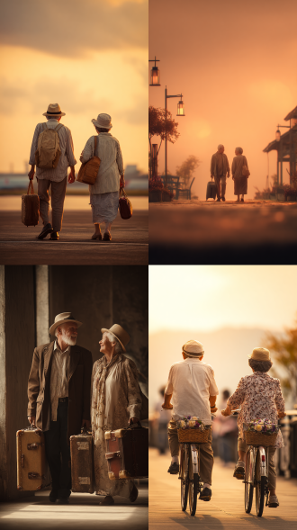 老年夫妻旅行展现养老幸福，简洁元素，中远距离焦距，8k高清，暖光，底部留二维码位，水平构图，温馨氛围。