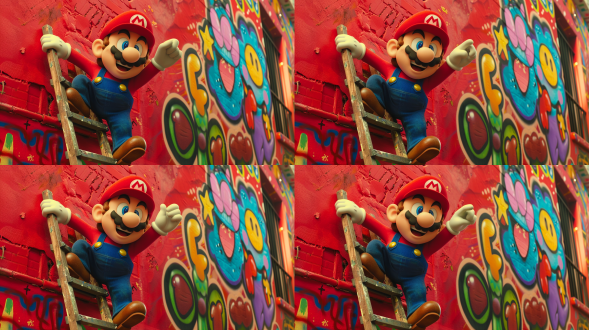 马里奥站木梯上，一手抓梯一手持油漆刷粉刷红墙，墙上多彩涂鸦，3d写实，鲜艳配色，商业风，仰拍，侧光，开心。