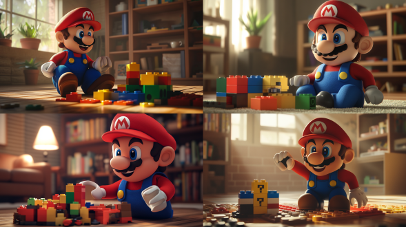 马里奥在客厅玩乐高，开心表情，3d写实，简单背景，俯拍全景，顶光，商业风，简单装饰，暖色调，欢乐。