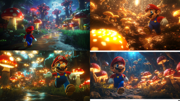 马里奥在巨大发光蘑菇森林夜景，兴奋表情，三分构图，3d写实，奇幻绚烂，冒险氛围，暖光，超广角，仰拍，奔跑。