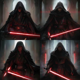 30岁中国男性扮西斯尊主，特写面部，黑袍兜帽，冷峻表情，暗调，神秘氛围，聚光灯，科幻风，坚毅神态，原力气场。