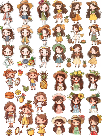 q版可爱卡通形象女孩贴纸，穿着不同服装，花朵，面包，菠萝，柠檬，简单画法，干净线条，形象可爱，矢量风格，白色背景，高分辨率，卡通贴纸设计