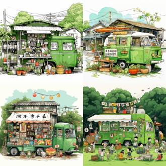 advertising on green grass using trailers and vehicles, with products in the car, in the small shop, black and white line drawing, cute cartoon design, gongbi painting, brush and ink, rice paper, bold color matching