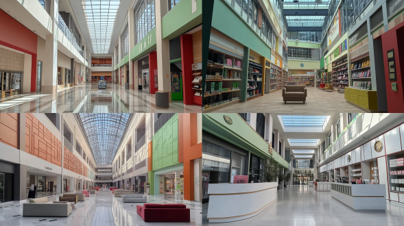 现代极简时尚国际风家具家电零售场景，宜家风格，对称布局，冷色调，全景镜头，顶光，明亮，陈列有序，精致。 赛博朋克城 参数化室内 包豪斯室内 当代室内 时尚情绪版