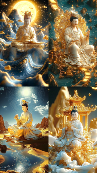 蓝金山水，细节丰富，广角镜头，流体摄影，传统风格，壮丽景色，电路板效果，发光，中国风，千山万水，3d插图，蓝金配色，壮丽，雄伟，丰富色彩。