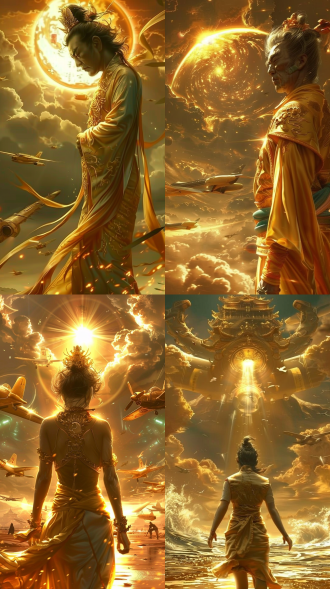 末日科幻城市中流泪少女，身旁机械与飞机环绕，暗日低垂，对称构图，冷色调，长焦镜头，逆光，悲伤氛围，科技质感。