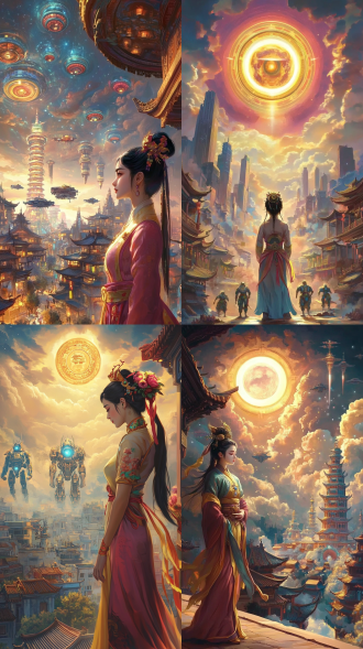 末日科幻中国风城市，三分构图，中国建筑与机械林立 ，暗日下流泪少女旁飞船环绕，机甲人伫立，冷调，广角长焦逆光，悲伤。