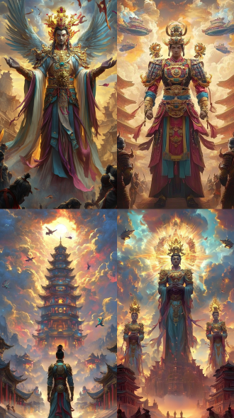 暗黑科幻中国风画面，三分构图，天空飞船机械林立，中国龙腾飞。中国古代盔甲战士在末日城市，特写长焦，逆光，冷色，悲伤，广角。