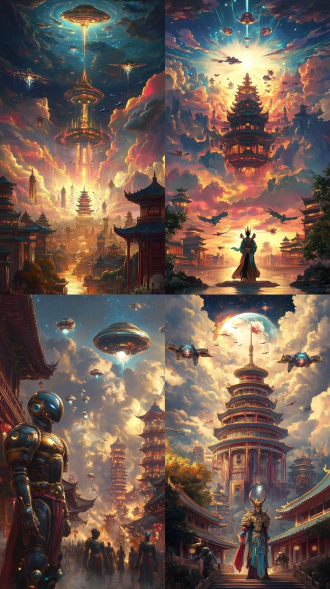 暗黑科幻末日场景，三分构图，天空中外星飞船与机械林立，中国建筑旁机甲战士与古代盔甲战士，中国龙腾飞，冷调，广角长焦特写，逆光，悲伤。