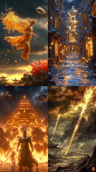 科幻末日场景中中国古代建筑于城市废墟远景，天空飞船林立，三分构图，外太空视角全景，逆光，冷色，灾难毁灭绝望。