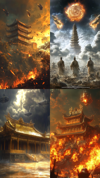科幻末日下中国古代建筑于城市废墟远景中，天空金属飞船林立，三分构图，冷色调，外太空视角全景，逆光，梦幻，灾难毁灭绝望 。 武侠