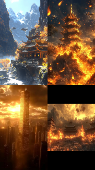 科幻末日下中国古代建筑于城市废墟远景中，天空金属飞船林立，三分构图，冷色调，外太空视角全景，逆光，梦幻，灾难绝望。 武侠