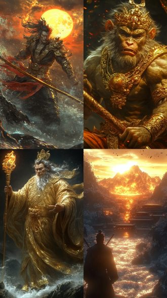 齐天大圣站悬崖手握金箍棒凝视远方，三分构图，晚霞背景，真实质感，长焦镜头，逆光，静态，橙红主色，坚毅，细节丰富。 武侠