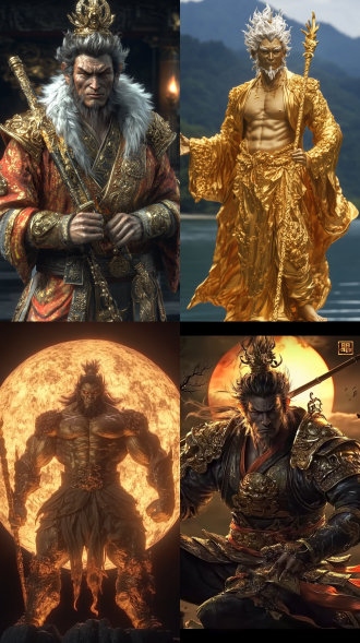 齐天大圣站悬崖手握金箍棒凝视远方，三分构图，晚霞背景，真实质感，长焦镜头，逆光，静态，橙红主色，坚毅，丰富细节。 武侠