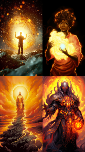 幻想场景中男子挥手玩溅火焰，全身有光环，涡旋火泉，红光与淡金，光晕焦外，逆光，超细节，3d渲染，摇镜头，侧视，远景 。