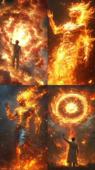 幻想场景中男子挥手戏火，全身散发光环，涡旋火焰、火泉环绕，红光与淡金交织，3d渲染，全景侧视，超细节。