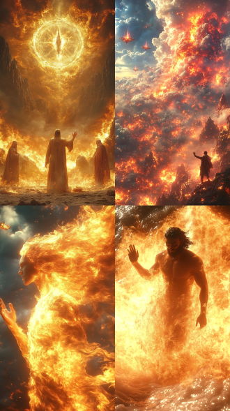 幻想场景中男子挥手戏火，全身光环，涡旋火焰火泉环绕，天空飞船，3d渲染。全景侧视，超细节，红光淡金交织，暖光，震撼。