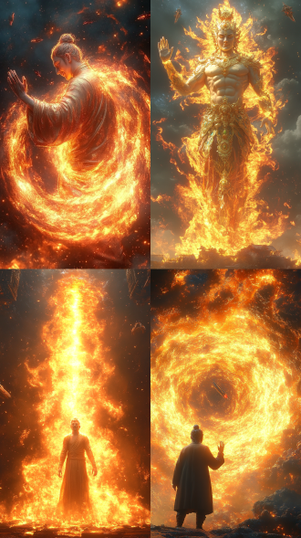 幻想场景中男子挥手戏火全身发光环，涡旋火焰火泉环绕，天空飞船，3d渲染，全景侧视，超细节，红光淡金交织，暖光。 禅宗 未来主义