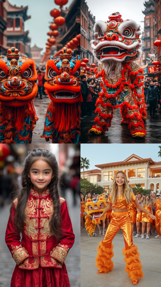 12岁中国女孩舞动醒狮于中国新年除夕热闹街市，居中构图，民俗风，长焦镜头，暖色调，顶光，灵动喜庆欢乐 。