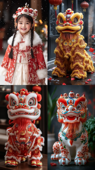 中国女孩舞动醒狮于中国新年除夕热闹街市，居中构图，民俗风，各种镜头尤其长焦，暖色调，顶光，灵动喜庆欢乐有红包 。 红 梦幻灯光 黑光 中式服装 爆竹 舞狮 中国结 灯笼 欣喜若狂