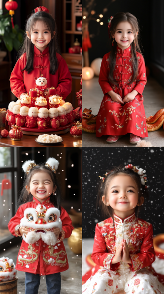 穿红衣笑眼弯弯女孩与盘踞的蛇在中式新年场景，中心构图，暖色调喜庆，标准镜头，侧面光，细节丰富，传统元素，欢乐 。 红 梦幻灯光 黑光 中式服装 爆竹 舞狮 中国结 灯笼 欣喜若狂