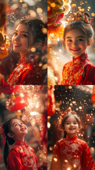 穿红衣笑眼弯弯女孩在中式新年场景，中心构图，暖色调，标准镜头，侧面光，有爆竹舞狮等传统元素，梦幻灯光，欢乐欣喜。