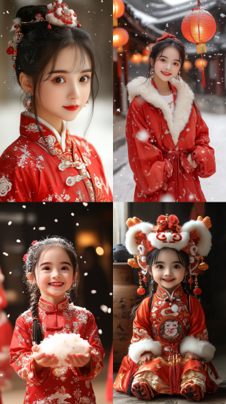 穿红衣女孩于春节场景，中央构图，暖色调，标准镜头，侧光。有鞭炮舞狮等传统元素，梦幻光，笑容弯眼，欢乐喜庆 。