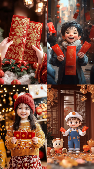 室内暖色调场景，孩子满脸喜悦从长辈手中接红包庆新年，皮克斯3d与c4d风，特写，暖光，温馨，传统元素，高清。