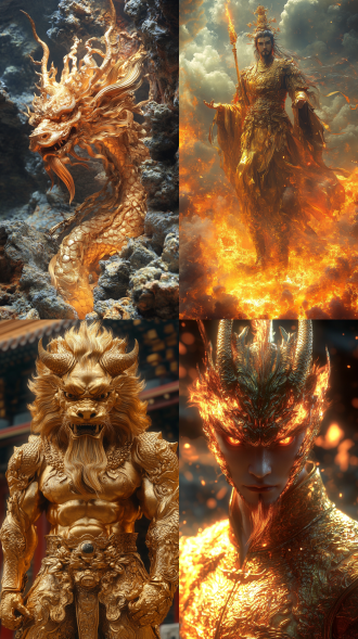 金色中国麒麟穿黄金铠甲抬头挺胸，对称构图，宏伟场景，金色红色调，长焦镜头，顶光，威严神态，神圣力量感，庄重神秘。