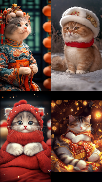 穿新年装萌猫在新年主题背景阳光下嬉戏，中心构图，室内暖色调，长焦镜头，逆光慢快门，有舞狮爆竹烟花元素，玩耍喜庆 。