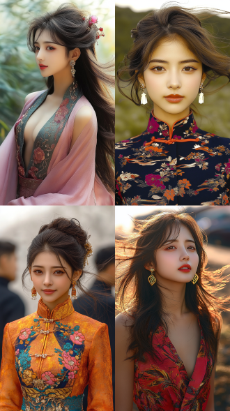 近镜头半身照，25岁漂亮中国女孩侧身站在草原，着鲜艳古装戴耳环，脸看镜头，风吹发，超高清，暖光，柔美。