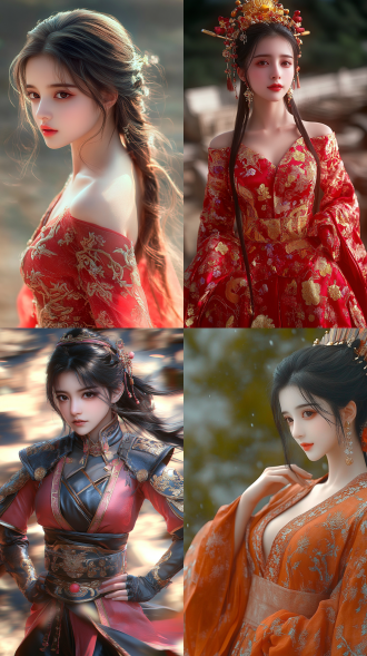 华美端庄古代中国少女全身像，宏大国风场景，流光溢彩，写实风，高清画质，全景，暖光，丰富色彩，典雅，宏大感。