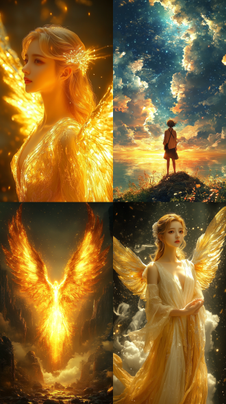 天使在圣洁天堂，和谐布局，浅景深，平视视角，新海诚风格，明亮柔和色调，梦幻风，披云霞羽衣，金发飘逸，优雅摆姿，神圣宁静 。
