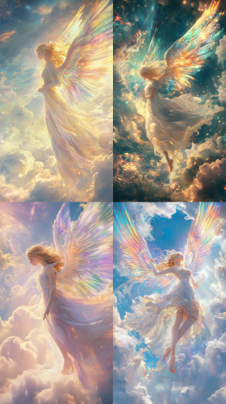 天使在圣洁天堂，和谐布局，浅景深，平视视角，新海诚风格，明亮柔和色调，梦幻风，披云霞羽衣，金发飘逸，优雅摆姿，神圣宁静 。