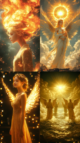 天使在圣洁天堂，和谐布局，浅景深，平视视角，新海诚风格，明亮柔和色调，梦幻风，披云霞羽衣，金发飘逸，优雅摆姿，神圣宁静。 镜头光晕 丁达尔效应 暖光