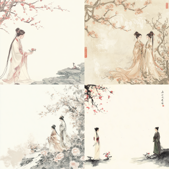 黛玉葬花，中国画风，绢本淡彩，人物传统服饰，柔和表情优雅姿态，背景留白，高画质，线条勾勒，静谧，细节丰富。
